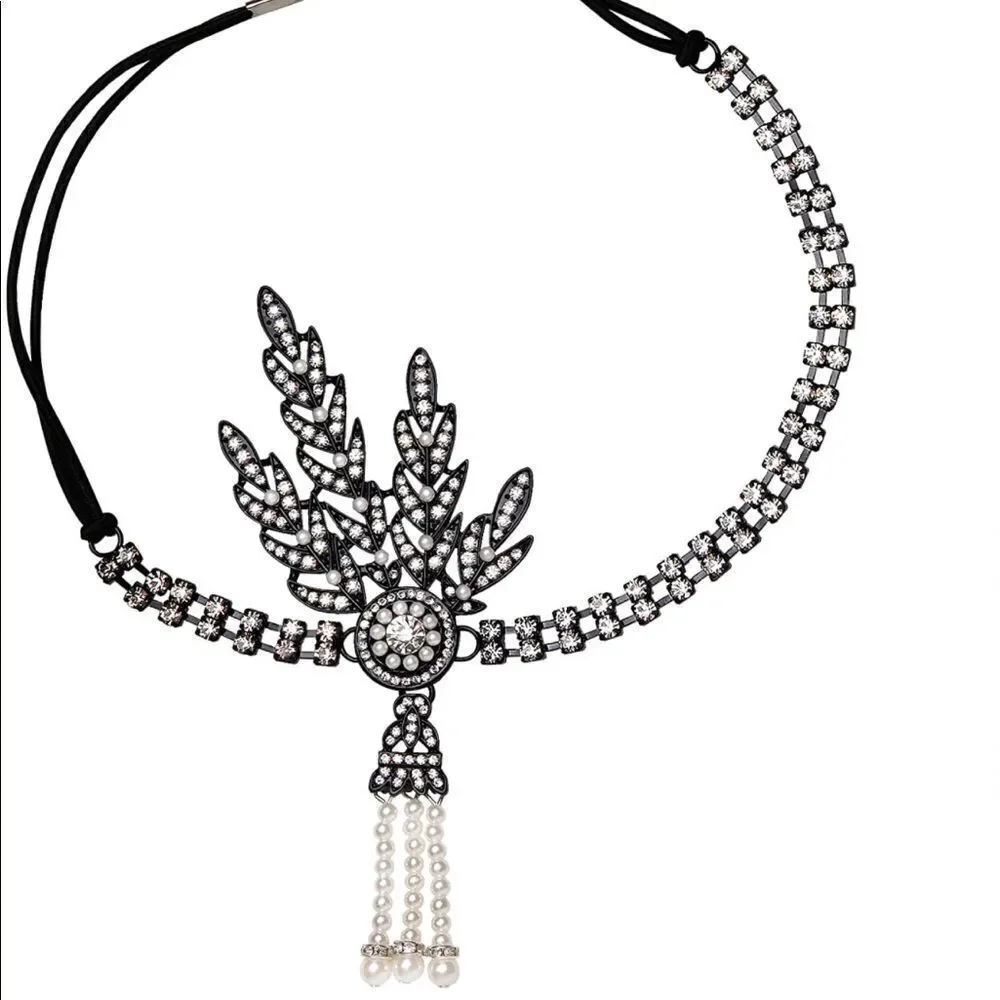 ✨ NWT Art Deco 1920’s Gatsby Flapper Crystal Rhinestone & Pearl Black He…